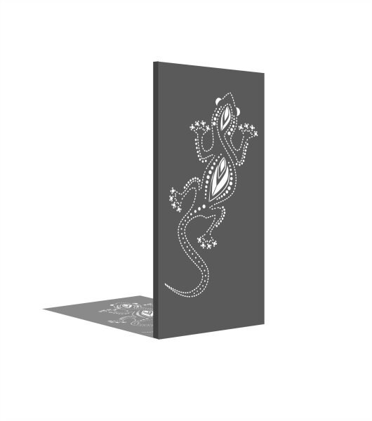 PARAS Sichtschutzwand, Motiv Gecko, 900 x 1800 x 2 mm, 30 mm gekantet, Alu, RA L* pulverbeschichtet