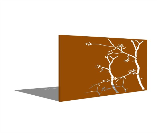 PARAS Sichtschutzwand, Motiv Äste, 1800 x 900 x 2 mm, quer, 30 mm gekantet, Cortenstahl