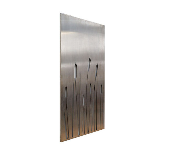 PARAS Sichtschutzwand, 900 x 1800 x 2 mm, 30 mm gekantet, Edelstahl geschliffen (Vorderseite), mit Motiv Rohrkolbenschilf