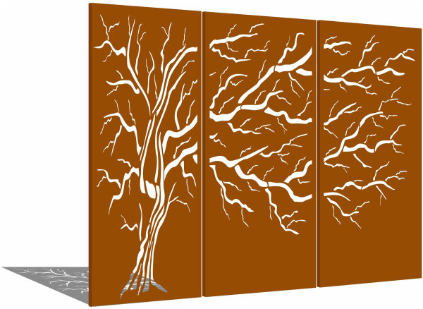 PARAS Sichtschutzwand 3er-Set, Motiv Baum über 3 Wände, je 900 x 1800 x 2 mm, 30 mm gekantet, Cortenstahl