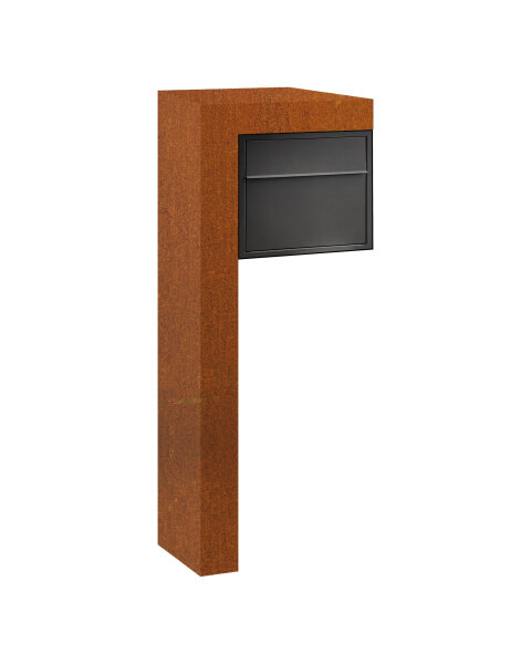 CARTAS Typ L, Briefkastenelement L-Form, 2 mm Corten, 520 x 400 x 1600 mm, mit Briefkasten B40 RAL 7016 pulverbeschichtet, inkl. Bodenplatte 500 x 220 x 8 mm, zum Aufschrauben