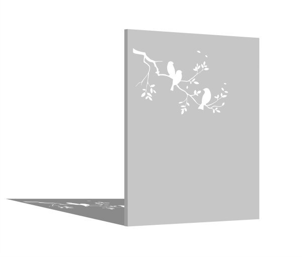 PARAS Sichtschutzwand, Motiv Ast mit Vögel, 1400 x 1800 x 2 mm, 30 mm gekantet, Edelstahl einseitig geschliffen