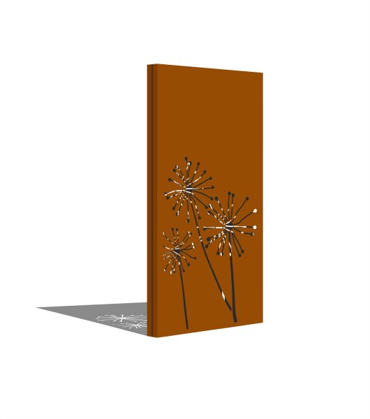 PARAS DUO Sichtschutzwand, Motiv Pusteblume, 900 x 1800 x 60 x 2 mm, doppelseitig je 30 mm gekantet, mit Verbindungswinkel, Cortenstahl