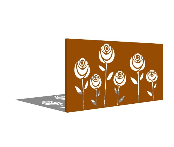 PARAS Sichtschutzwand, Motiv Rosen, 1800 x 900 x 2 mm, quer, 30 mm gekantet, Cortenstahl