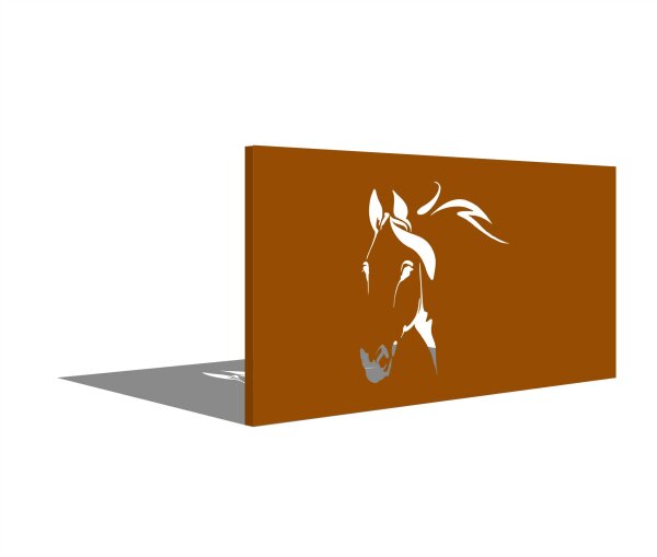 PARAS Sichtschutzwand, Motiv Pferdekopf, 1800 x 900 x 2 mm, quer, 30 mm gekantet, Cortenstahl