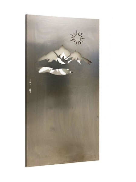 PARAS Torauflage für beidseitige Auflage, Tormaß 900 x 1800 mm, Corten, mit Motiv "Berge, See und Sonne", Ausschnitt für Türdrücker und Schloß
