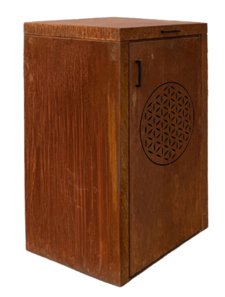 TICA Mülltonnenbox Corten für 1 Tonne 240 L, (BxHxT) 810 x 1250 x 840  mm, Motiv Blume des Lebens, mit Radmulde, Deckel zu öffnen, Edelstahlgriffe schwarz