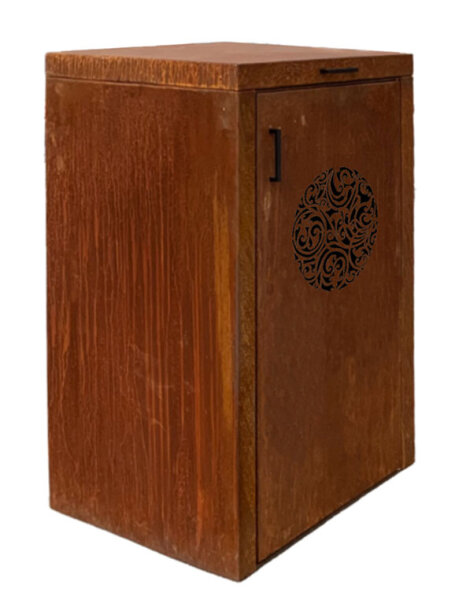 TICA Mülltonnenbox Corten für 1 Tonne 240 L, (BxHxT) 810 x 1250 x 840  mm, Motiv Rundes Ornament, mit Radmulde, Deckel zu öffnen, Edelstahlgriffe schwarz