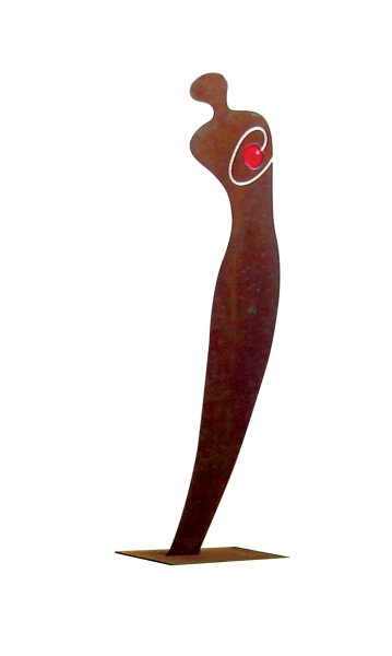 SILAS Skulptur Mann mit Glaseinsatz rot, Höhe ca. 2000 mm, mit Befestigungsplatte 600 x 400 mm, 8 mm Cortenstahl