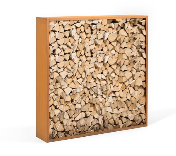 LIGUNA Kaminholzlager mit Rückwand, 1980 x 1980 x 380 mm, (bxhxt), 3 mm Cortenstahl, umlaufend 40 mm gekantet, ca.1,5 Raummeter